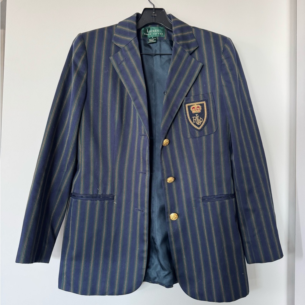Ralph Lauren Navy Striped Blazer with Crest Patch